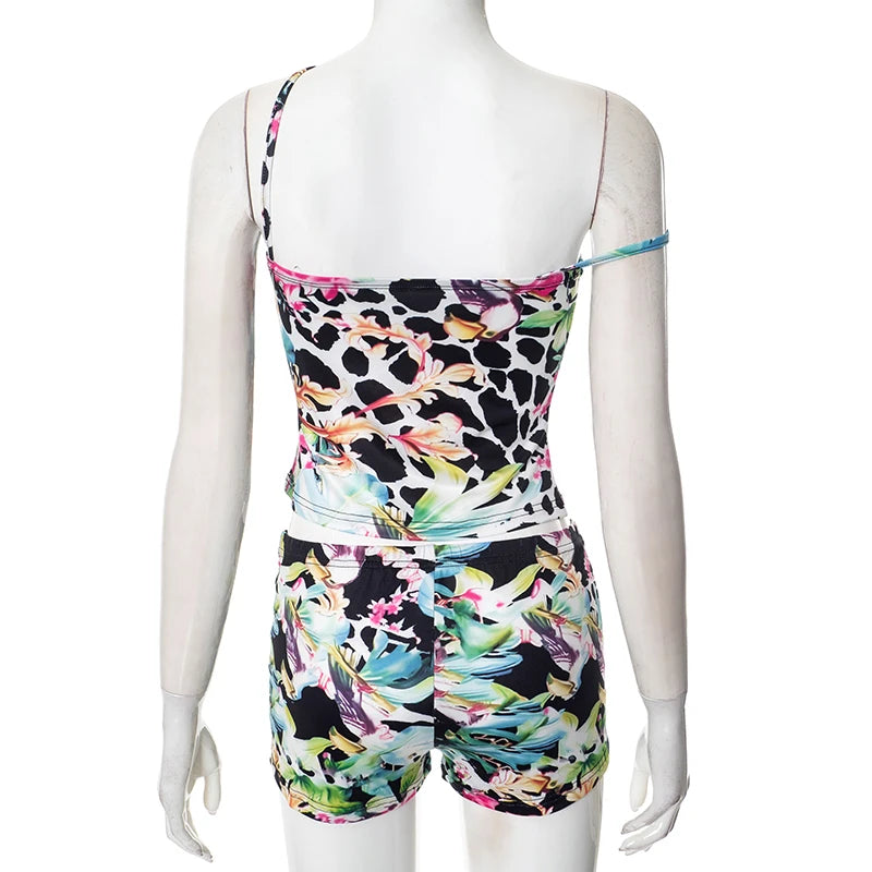 Summer Women'S New Printed Set Irregular Circle Buckle Halter Backless Top + Skinny Shorts Sexy Sets