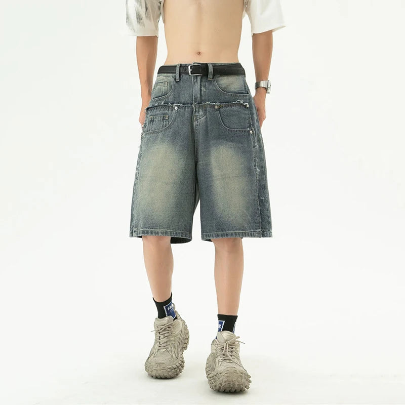 New Summer Men'S Jeans Wahsing Contrast Color Patchwork Raw Edge Loose Straight Leg Fashion Summer Male Denim Shorts 9W3839