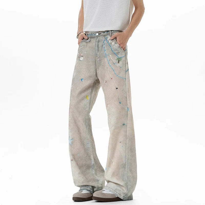 American Style Men'S Fashion Tide Jeans High Street Pearl Printing Straight Wide Leg Male Denim Pants Summer 9W3594