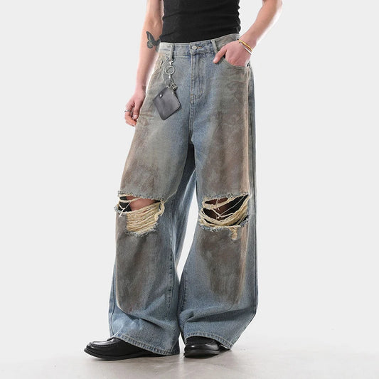 American Style Washed Distressed Ripped Jeans Men Loose Trendy Wide Leg High Street Baggy Denim Pants Hole Design 9W4032