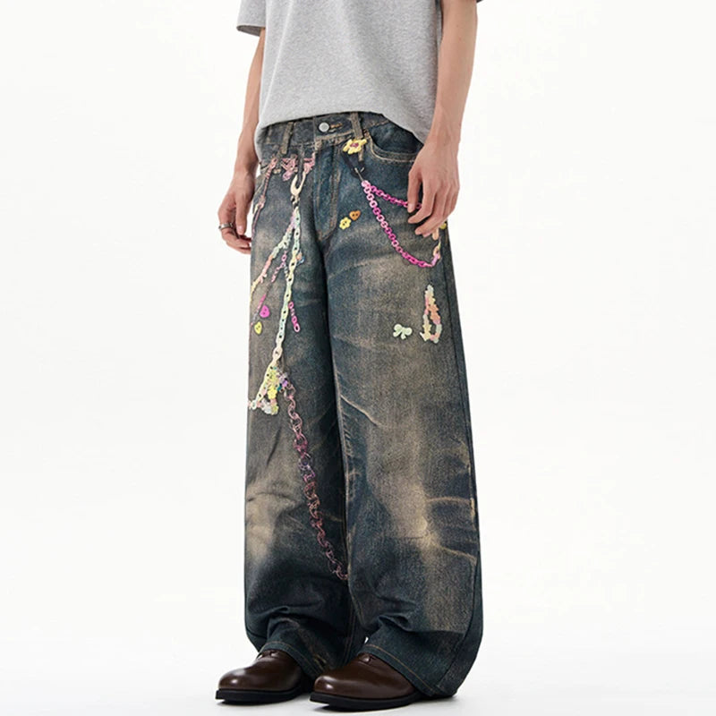 High Street Men'S Jeans Chians Printing Contrast Color Casual Straight Leg Trousers Loose Washing Male Denim Pants 9W3587