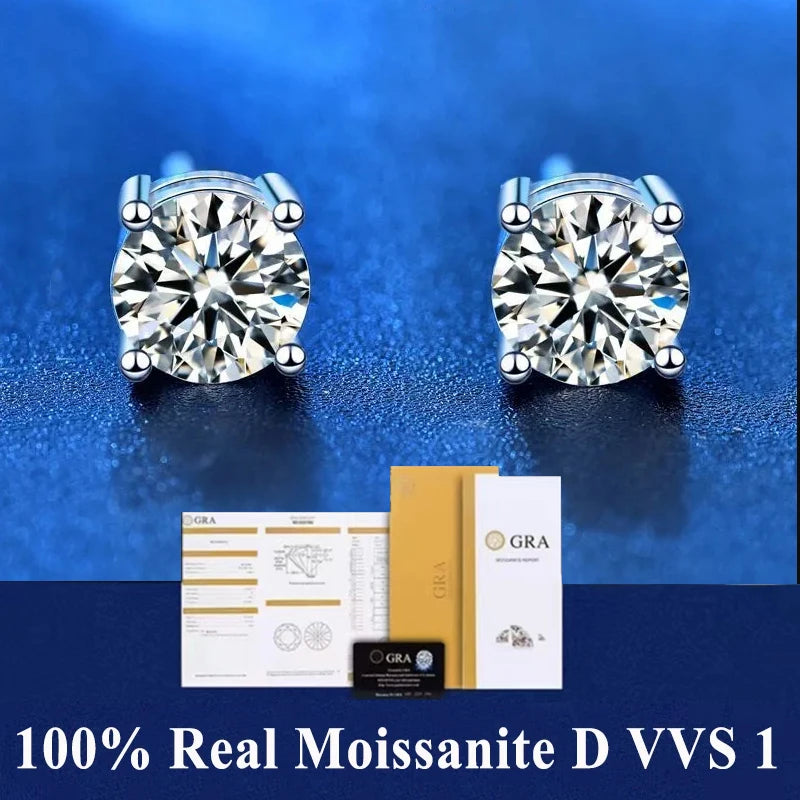 GRA 100% Real Sterling Silver with 2 Certificates Moissanite 6 Prong Earrings D Color Stud for Women Top Quality Wedding Jewelry