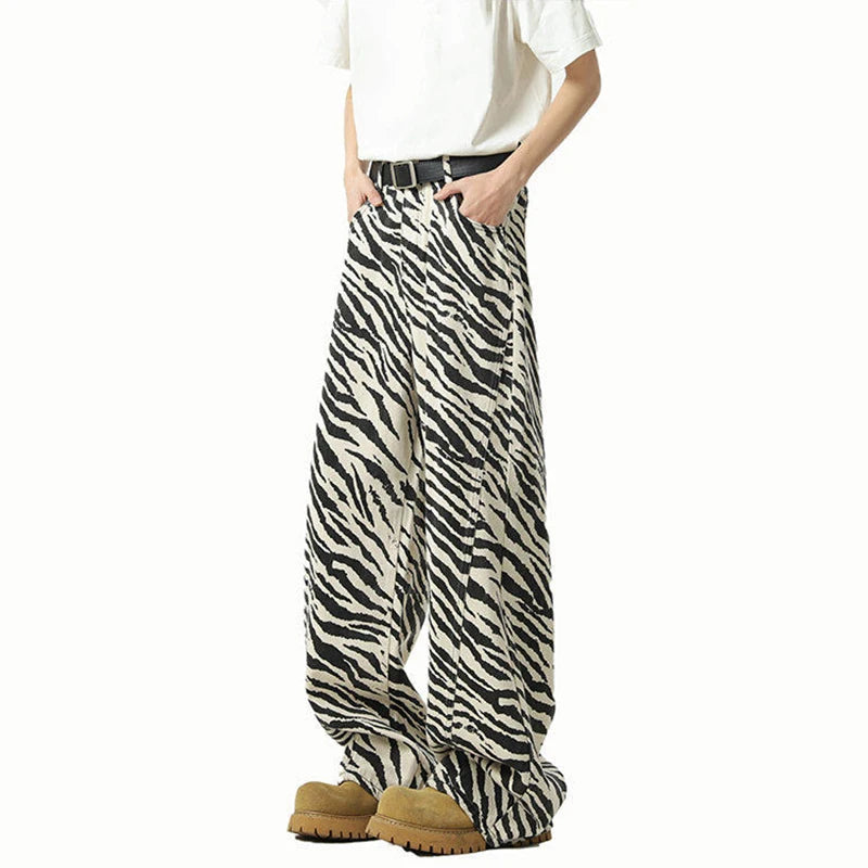 High Street Men'S Denim Pants Straight Wide Leg Stripe Pattern Contrast Color Niche Design Male Jeans Summer 2025 9W3208