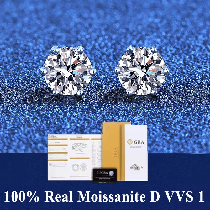 GRA 100% Real Sterling Silver with 2 Certificates Moissanite 6 Prong Earrings D Color Stud for Women Top Quality Wedding Jewelry