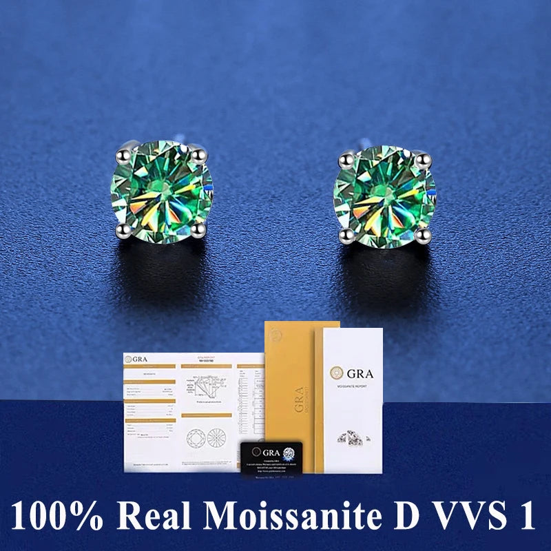 GRA 100% Real Sterling Silver with 2 Certificates Moissanite 6 Prong Earrings D Color Stud for Women Top Quality Wedding Jewelry