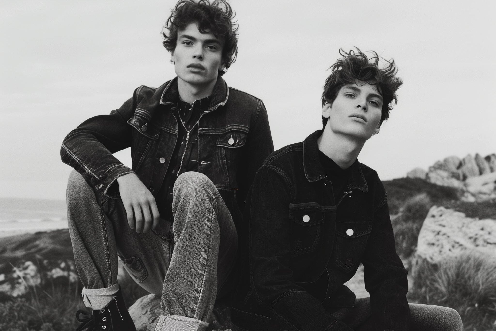 Two individuals sitting on rocks with a scenic background