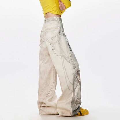 American Style Digital Print Chain Denim Pants Summer New Fashion Contrast Color Male Baggy Denim Pants Streetwear 9W3812