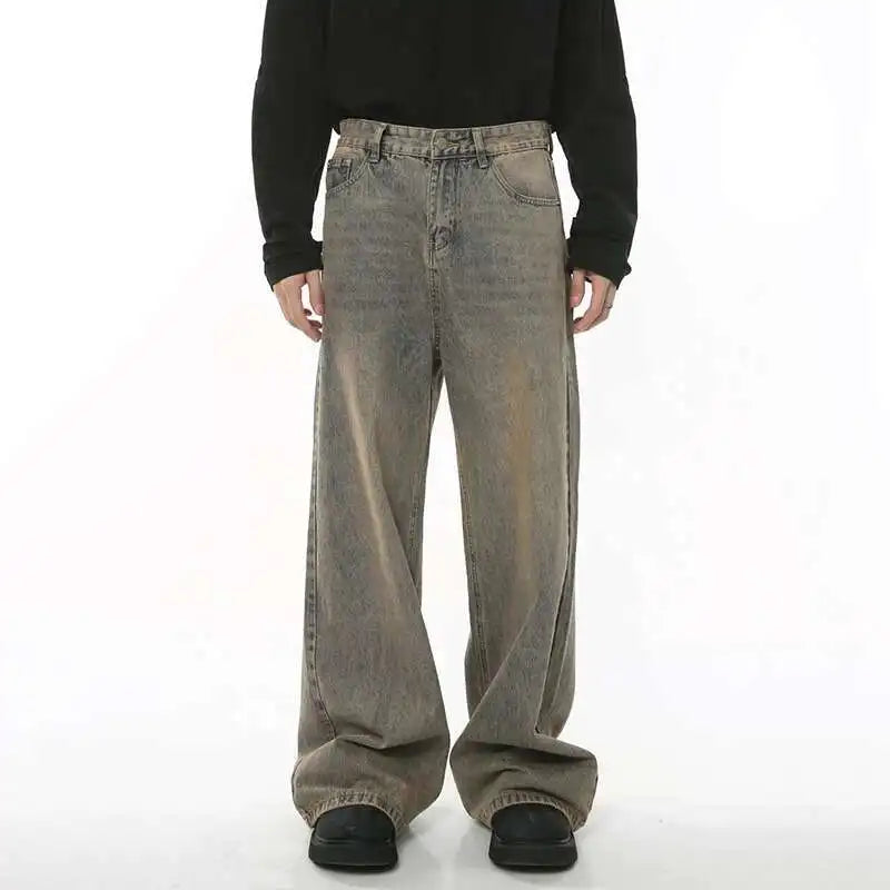 2024 Spring Men'S Baggy Jeans Worn Out Loose Wide Leg Denim Pants Chic Distressed Streetwear Vintage Male Trousers 9C2019