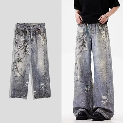 “Marcel” 3D Chain Baggy Straight Denim Pants