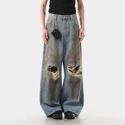 American Style Washed Distressed Ripped Jeans Men Loose Trendy Wide Leg High Street Baggy Denim Pants Hole Design 9W4032