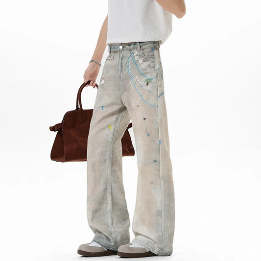 American Style Men'S Fashion Tide Jeans High Street Pearl Printing Straight Wide Leg Male Denim Pants Summer 9W3594