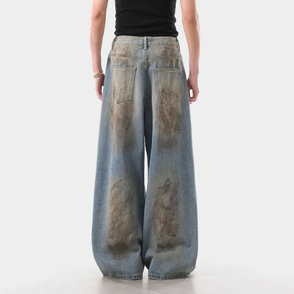 American Style Washed Distressed Ripped Jeans Men Loose Trendy Wide Leg High Street Baggy Denim Pants Hole Design 9W4032