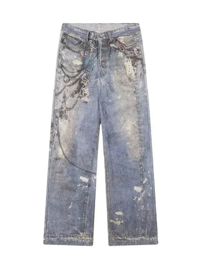 “Marcel” 3D Chain Baggy Straight Denim Pants
