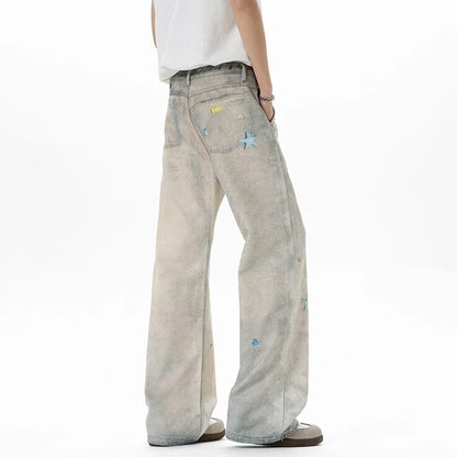 American Style Men'S Fashion Tide Jeans High Street Pearl Printing Straight Wide Leg Male Denim Pants Summer 9W3594