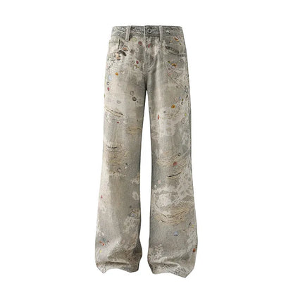 Niche Design Men'S Denim Pants Digital Printing Contrats Color Casual Trousers Wide Leg Loose All-Match Male Jeans 9W3713
