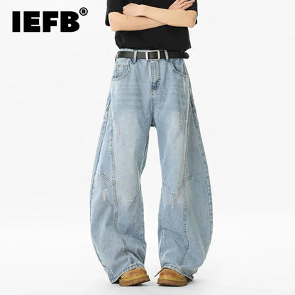 Korean Style Men'S Denim Pants Solid Color Holes Design Casual Straight Trousers Wide Leg Loose Male Jeans Summer 9W3405