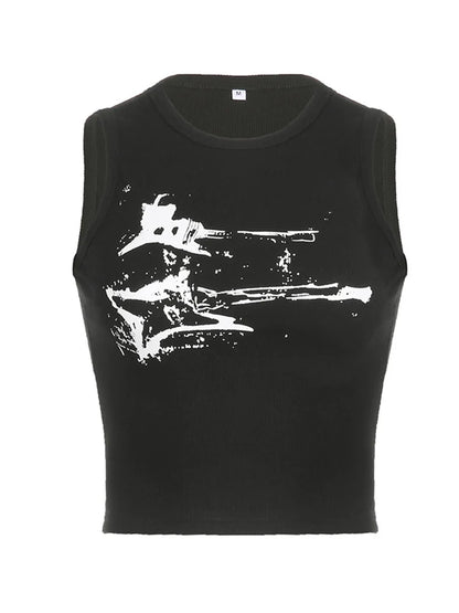 Guitar Print Sleeveless Tank Top Y2K Casual Ribbed Women Grunge Crop Top Harajuku Fashion Vest Tee 90S Street Outfits