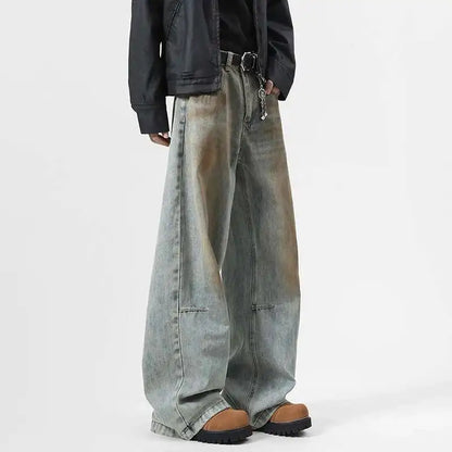 Niche Design Men'S Denim Pants Splotch Worn-Out Contrast Color Casual Trousers Wide Leg Menswear Straight Male Jeans 9W463