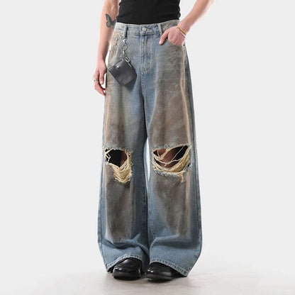 American Style Washed Distressed Ripped Jeans Men Loose Trendy Wide Leg High Street Baggy Denim Pants Hole Design 9W4032