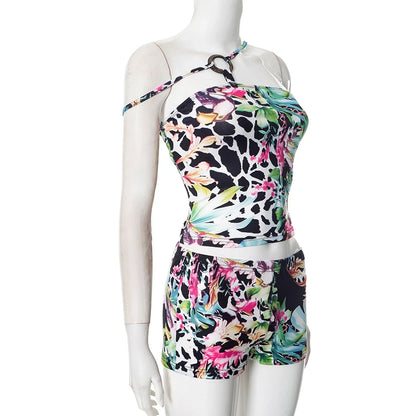  Summer Women'S New Printed Set Irregular Circle Buckle Halter Backless Top + Skinny Shorts Sexy Sets