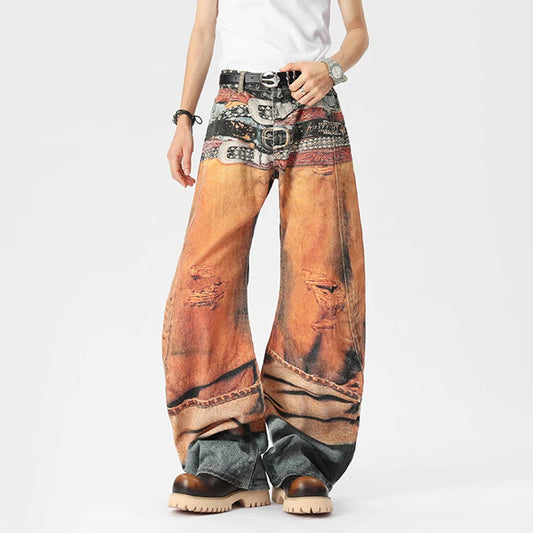 “Marcel”belt digital print pants