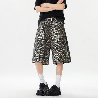 Niche Design Men'S Denim Shorts Leopard Printing Casual Cropped Trousers Washed Wide Leg Loose Male Jeans New Trendy 9W3173