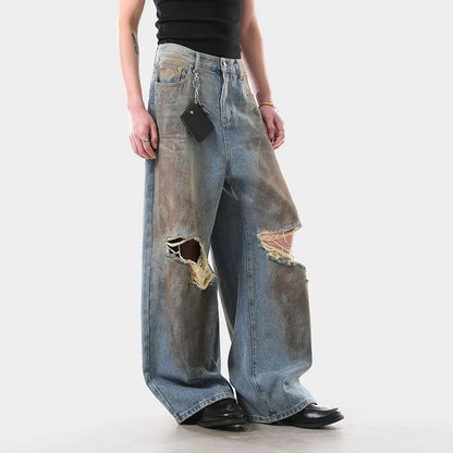 American Style Washed Distressed Ripped Jeans Men Loose Trendy Wide Leg High Street Baggy Denim Pants Hole Design 9W4032