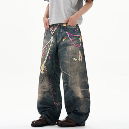 High Street Men'S Jeans Chians Printing Contrast Color Casual Straight Leg Trousers Loose Washing Male Denim Pants 9W3587