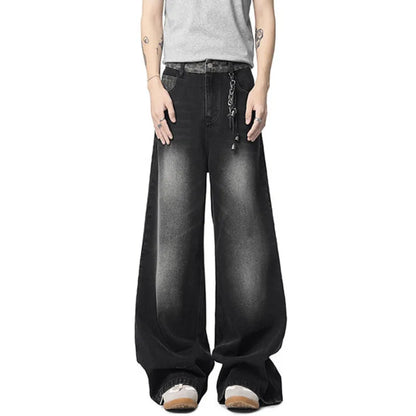 New Fashion Men'S Jeans Washing Leopard Print Patchwork Contrats Color Trousers Straight Wide Leg Male Denim Pants 9W3861