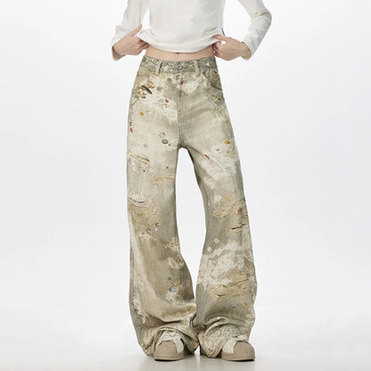 Niche Design Men'S Denim Pants Digital Printing Contrats Color Casual Trousers Wide Leg Loose All-Match Male Jeans 9W3713