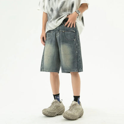 New Summer Men'S Jeans Wahsing Contrast Color Patchwork Raw Edge Loose Straight Leg Fashion Summer Male Denim Shorts 9W3839