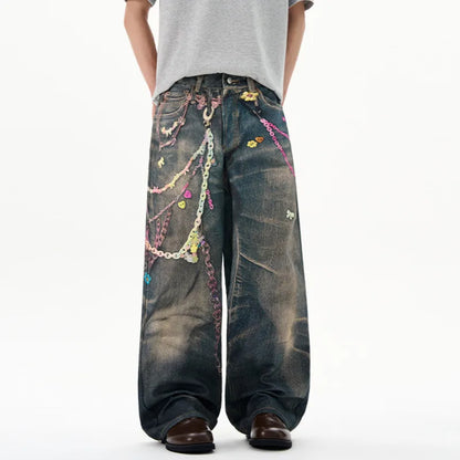 High Street Men'S Jeans Chians Printing Contrast Color Casual Straight Leg Trousers Loose Washing Male Denim Pants 9W3587