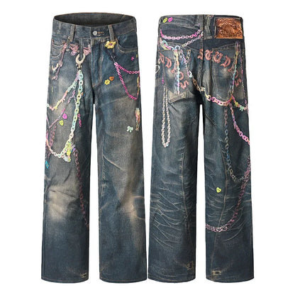 High Street Men'S Jeans Chians Printing Contrast Color Casual Straight Leg Trousers Loose Washing Male Denim Pants 9W3587