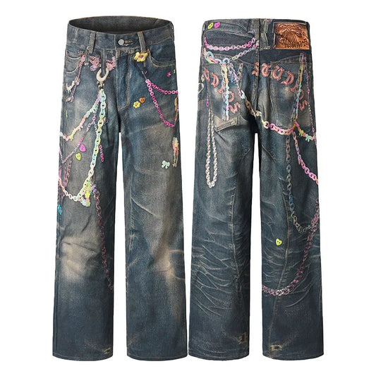 High Street Men'S Jeans Chians Printing Contrast Color Casual Straight Leg Trousers Loose Washing Male Denim Pants 9W3587