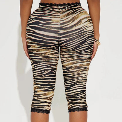 Sexy Hottie Lace Edge Bow Decoration Leopard Print Slim Seven Pants Summer New Women'S Fashion Street Casual Seven Pant