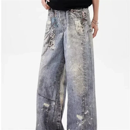 “Marcel” 3D Chain Baggy Straight Denim Pants