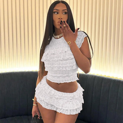 Sexy Tierred Women 2Piece Set Summer Elegant Thin Ruffles Tnak Top+Shorts Skirts Midnight Concert Party Matching Suit