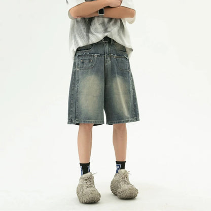 New Summer Men'S Jeans Wahsing Contrast Color Patchwork Raw Edge Loose Straight Leg Fashion Summer Male Denim Shorts 9W3839