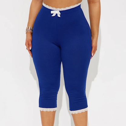 Sexy Hottie Lace Edge Bow Decoration Leopard Print Slim Seven Pants Summer New Women'S Fashion Street Casual Seven Pant