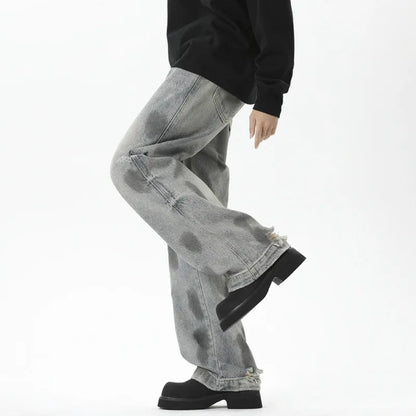 Loose Fit Male Denim Pants Summer New Trendy Tie-Dyed Dot Printing Baggy Jeans Men 2025 Straight Wide Leg Trousers 9W3929