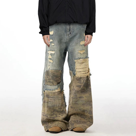 High Street Men'S Jeans Crewel Embroidery Camouflage Patchwork Hole Design Niche Washing Baggy Male Denim Pants New 9W940