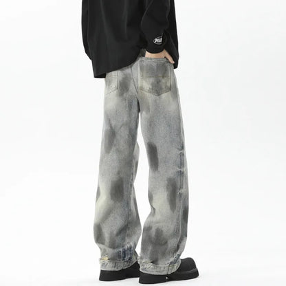 Loose Fit Male Denim Pants Summer New Trendy Tie-Dyed Dot Printing Baggy Jeans Men 2025 Straight Wide Leg Trousers 9W3929