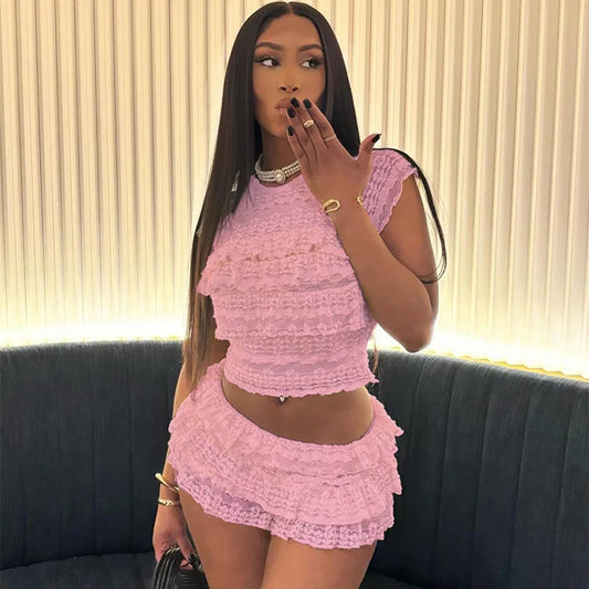 Sexy Tierred Women 2Piece Set Summer Elegant Thin Ruffles Tnak Top+Shorts Skirts Midnight Concert Party Matching Suit