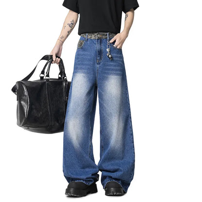 New Fashion Men'S Jeans Washing Leopard Print Patchwork Contrats Color Trousers Straight Wide Leg Male Denim Pants 9W3861