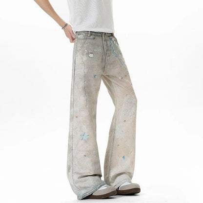 American Style Men'S Fashion Tide Jeans High Street Pearl Printing Straight Wide Leg Male Denim Pants Summer 9W3594