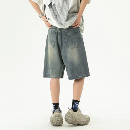 New Summer Men'S Jeans Wahsing Contrast Color Patchwork Raw Edge Loose Straight Leg Fashion Summer Male Denim Shorts 9W3839