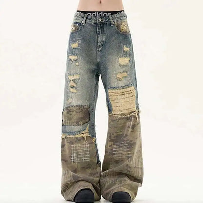 High Street Men'S Jeans Crewel Embroidery Camouflage Patchwork Hole Design Niche Washing Baggy Male Denim Pants New 9W940