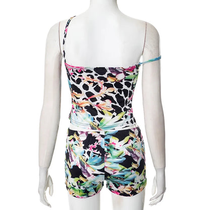  Summer Women'S New Printed Set Irregular Circle Buckle Halter Backless Top + Skinny Shorts Sexy Sets