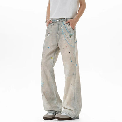 American Style Men'S Fashion Tide Jeans High Street Pearl Printing Straight Wide Leg Male Denim Pants Summer 9W3594